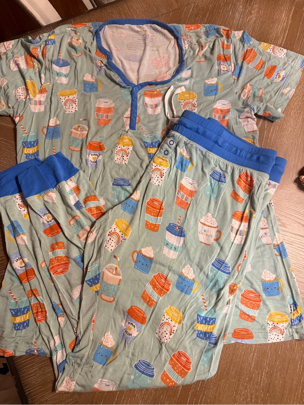 Little Sleepies AQUA I LOVE YOU A LATTE Women's Pajama Set Size Medium